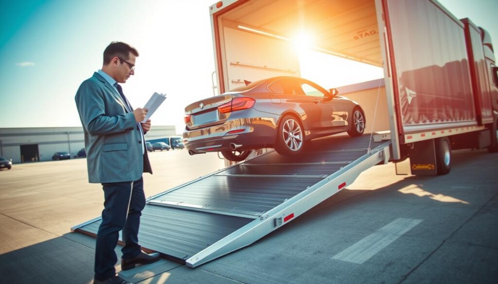 A dynamic scene illustrating the auto transport process, featuring a car being loaded onto a specialized auto transport truck. In the foreground, focus on a professional worker in business attire checking paperwork, standing beside a shiny sedan poised for transport. The middle ground showcases the truck ramp being lowered, with an emphasis on the vehicle's sleek design and the transport truck's intricate details. In the background, an expansive loading yard with additional vehicles ready for shipment under a bright, clear sky, creating an atmosphere of efficiency and organization. The sunlight casts soft shadows, enhancing the clarity and depth, with a wide-angle view to capture the whole process. Aim for a professional and informative mood, reflecting the transportation industry's reliability and precision. A dynamic scene illustrating the auto transport process, featuring a car being loaded onto a specialized auto transport truck. In the foreground, focus on a professional worker in business attire checking paperwork, standing beside a shiny sedan poised for transport. The middle ground showcases the truck ramp being lowered, with an emphasis on the vehicle's sleek design and the transport truck's intricate details. In the background, an expansive loading yard with additional vehicles ready for shipment under a bright, clear sky, creating an atmosphere of efficiency and organization. The sunlight casts soft shadows, enhancing the clarity and depth, with a wide-angle view to capture the whole process. Aim for a professional and informative mood, reflecting the transportation industry's reliability and precision.