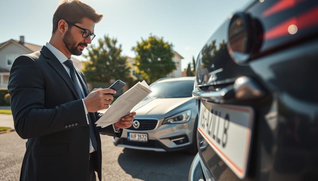 A dynamic scene of a person inspecting a vehicle, dressed in professional business attire, on a sunlit street. In the foreground, the individual is closely examining the car’s documentation, with focused expressions and a smartphone in hand for verification. Noteworthy aspects like the vehicle’s license plate and safety checks are visible. The middle ground features the car parked, showcasing its exterior details and a clean background with residential houses, trees, and a clear blue sky. Gentle sunlight casts soft shadows, creating a warm and inviting atmosphere. The angle captures the action from slightly above, providing a comprehensive view of the vehicle and the verification process, ensuring a sense of diligence in the scale of the car purchase.
