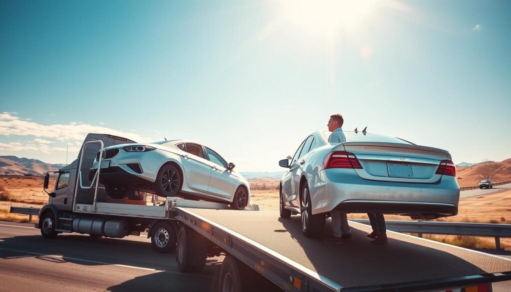 A dynamic scene of car shipping in action, showcasing a bright, sunny day. In the foreground, a well-organized car transport truck is meticulously loading a sparkling used sedan, highlighting the careful handling of the vehicle. The middle layer features logistics workers in professional attire, engaged in coordinating the shipment, exemplifying professionalism and attention to detail. The background displays an expansive landscape of open highways, dotted with rolling hills and distant mountains, symbolizing interstate travel. Bright, natural lighting illuminates the scene, creating a sense of energy and optimism. The lens captures a slight upward angle, emphasizing the magnitude of the car carrier and the journey ahead, evoking a mood of readiness and adventure.