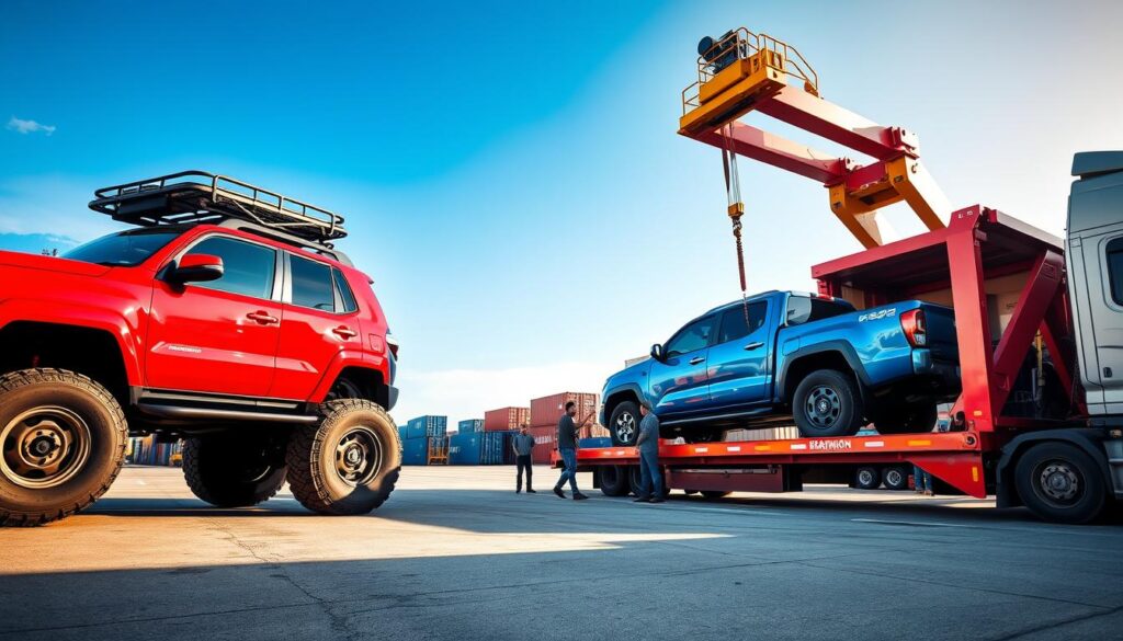 A dynamic scene of oversized vehicles being loaded onto a large transport truck in a shipping yard. In the foreground, a bright red SUV towers next to a blue pickup truck, both positioned at an angle to showcase their size. The middle ground features a large flatbed trailer with a heavy-duty crane, workers in modest casual clothing safely maneuvering the vehicles with equipment, illustrating the shipping process. In the background, a clear blue sky contrasts with the industrial setting of shipping containers and a busy logistics facility, emphasizing the scale of the operation. Soft, natural lighting casts shadows that highlight the vehicles' contours, while a slight aerial perspective captures the entire scene, creating a sense of bustling activity. The atmosphere conveys professionalism and efficiency in vehicle shipping.