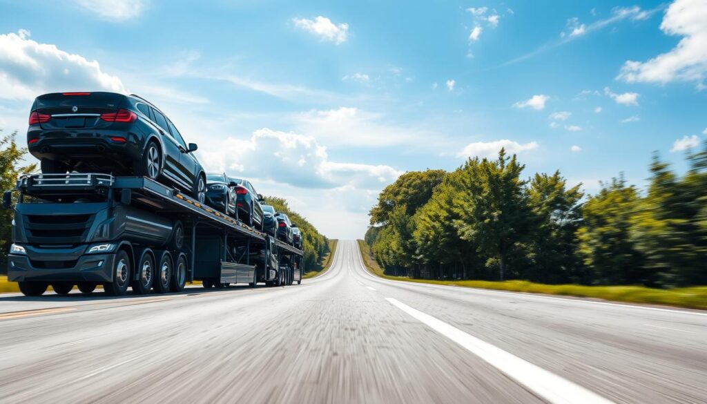 A dynamic scene showcasing a priority auto transport service in action. In the foreground, a sleek, modern transport truck with multiple vehicles securely loaded on its platform, highlighting a variety of cars, including sedans and SUVs. The middle section features a well-maintained road lined with green trees, suggesting an efficient and reliable transport route. In the background, a clear blue sky with soft clouds creates a sense of calm and professionalism. The lighting is bright and inviting, enhancing the vehicles' colors and details. The mood conveys urgency yet trust, embodying the essence of same-day car shipping services. No people are present, allowing focus on the transport service and vehicles. A dynamic scene showcasing a priority auto transport service in action. In the foreground, a sleek, modern transport truck with multiple vehicles securely loaded on its platform, highlighting a variety of cars, including sedans and SUVs. The middle section features a well-maintained road lined with green trees, suggesting an efficient and reliable transport route. In the background, a clear blue sky with soft clouds creates a sense of calm and professionalism. The lighting is bright and inviting, enhancing the vehicles' colors and details. The mood conveys urgency yet trust, embodying the essence of same-day car shipping services. No people are present, allowing focus on the transport service and vehicles.