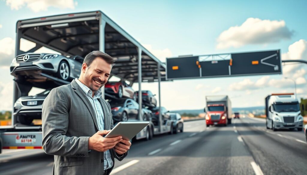 A dynamic scene showcasing car transport options, featuring a sleek, modern open car carrier on a highway, filled with various cars that showcase different styles and colors. In the foreground, a friendly transport coordinator in professional attire checks a delivery schedule on a tablet, demonstrating a thorough evaluation of transport methods. The middle background reveals additional transport vehicles—enclosed carriers and tow trucks—blending into the highway scene. The distant background includes a sunny sky with a few fluffy clouds, conveying a sense of optimism and efficiency. Soft, natural lighting enhances the colors, giving a bright and professional feel to the image, while a slightly low-angle perspective emphasizes the scale of the transport methods in relation to the coordinator.