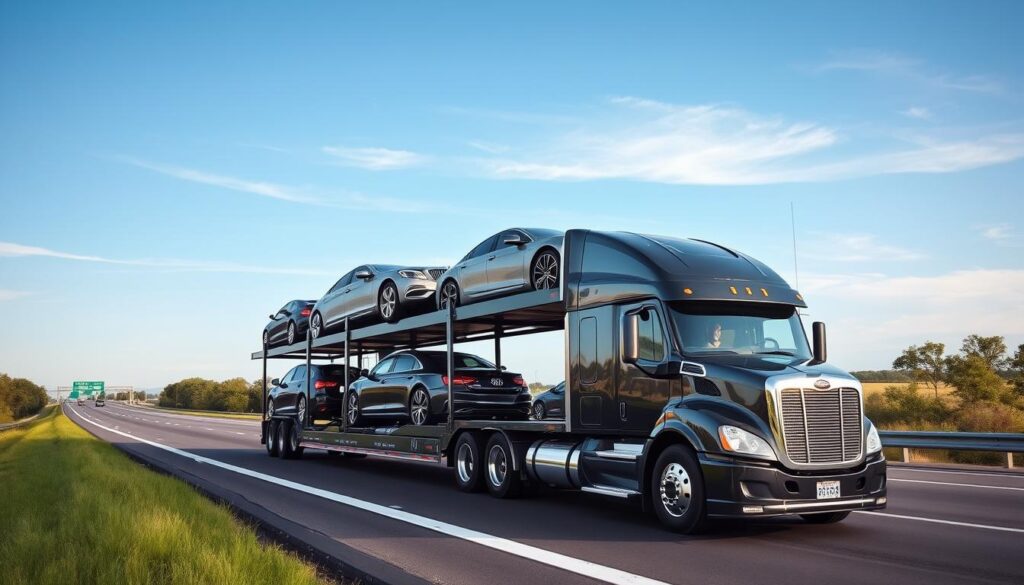 A dynamic scene showcasing domestic auto transport in the United States. In the foreground, a sleek, modern car carrier truck with several vehicles securely loaded, including sedans and SUVs, reflecting a professional transport operation. The middle ground features an interstate highway, flanked by greenery, indicating a typical American landscape. In the background, a clear blue sky with subtle clouds suggests a sunny day, enhancing the feeling of reliable service. The lighting is bright and natural, with soft shadows cast by the truck, adding depth to the scene. The atmosphere conveys efficiency and professionalism, perfect for illustrating auto transport options. No human subjects are present, ensuring a focus on the vehicles and transport methods.