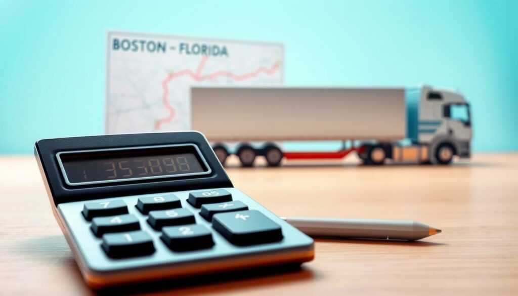 A highly detailed illustration depicting the concept of auto transport costs, set in a professional environment. In the foreground, a calculator displaying various numbers, symbolizing transportation pricing. In the middle, a map showcasing routes from Boston to Florida with highlighted paths, alongside a stylized car transporter truck, hinting at logistics. The background features a subtle gradient of light blue and green colors, evoking an airy, optimistic atmosphere. Soft lighting enhances the scene, casting gentle shadows, while the focus is slightly blurred on the map and truck to emphasize the calculator in the foreground. This composition conveys the intricate details involved in the car shipping pricing process, making it vivid and informative.