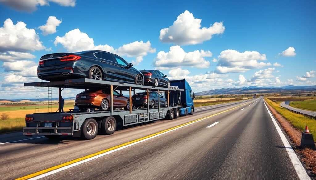 A large car carrier truck transporting several automobiles across a wide highway in a picturesque landscape. In the foreground, show a sleek sedan on the top deck of the truck, gleaming under the sunlight, with a vibrant blue sky dotted with fluffy white clouds. In the middle ground, depict the truck driving past rolling hills and green farmland, emphasizing the journey's scale. In the background, create a distant view of mountains, suggesting a cross-country adventure. The scene should feel dynamic and purposeful, with natural lighting that enhances the colors of the vehicles and landscape, captured from a slightly low angle to create a sense of motion and importance. The overall mood is optimistic and professional, fitting for discussing efficient car shipping methods.