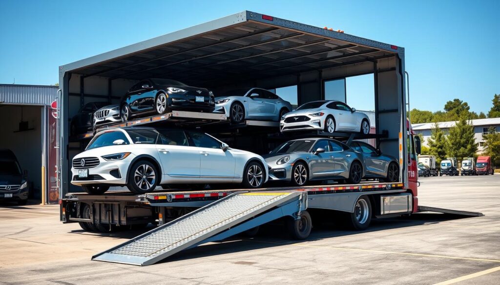 A large, open car transport truck loaded with shiny new cars, positioned in a well-lit transport yard. In the foreground, the truck is detailed, showcasing its ramps and secure tie-downs, giving a clear view of how the vehicles are safely loaded. The middle ground features a diverse array of new cars in various colors and styles, including sedans, SUVs, and electric models, neatly arranged on the transport. The background includes a clear blue sky, suggesting a sunny day, with distant trees and a warehouse to convey a professional transport environment. The scene captures a mood of efficiency and safety, emphasizing the reliability of open car shipping for new vehicles.