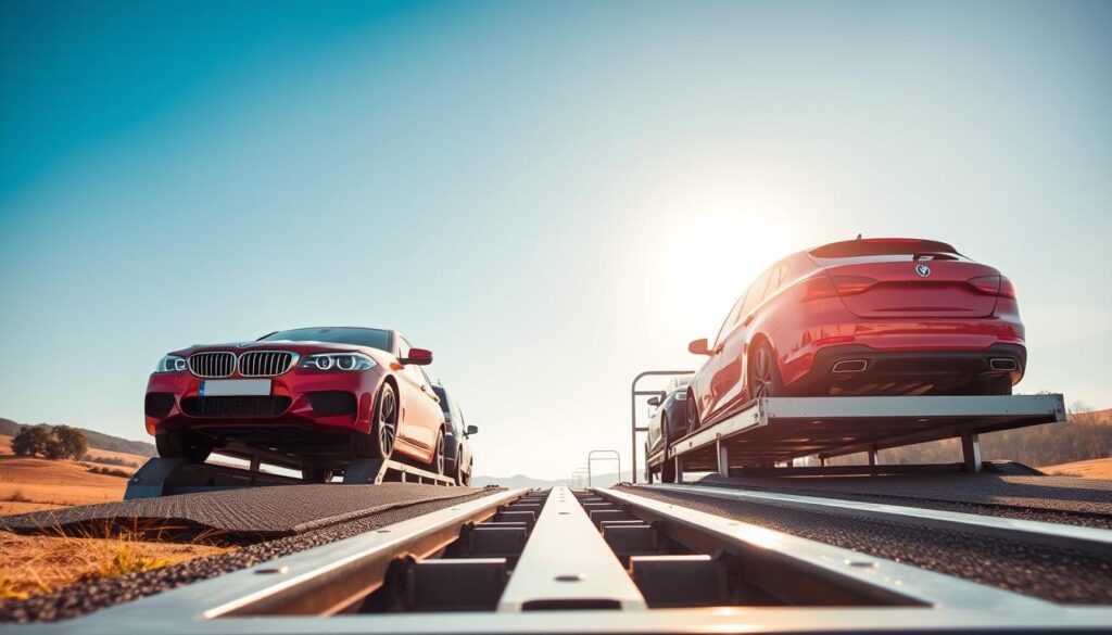 A lively scene depicting open transport for vehicles, showcasing an open car carrier truck with cars securely loaded on top. In the foreground, highlight the glistening metal frame of the truck, with two colorful sedans and a sporty coupe clearly visible, all catching the soft afternoon sunlight. The middle ground features a clear, blue sky, lending an optimistic feel to the image. In the background, a rural landscape unfolds with rolling hills and trees lining the roadside, enhancing the sense of movement and adventure. Use a wide-angle lens to capture depth and focus on the trucks, while keeping the lighting warm and inviting, suggesting a reliable and economical method of vehicle shipping. Overall, evoke a sense of trust and efficiency in car transport.