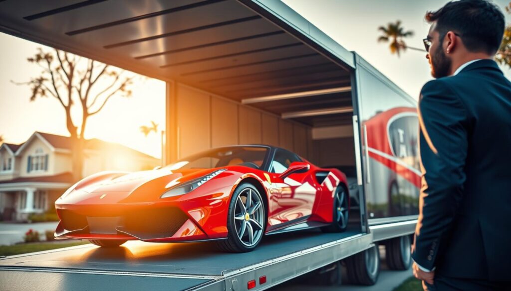 A luxurious car shipping scene featuring a gleaming high-end sports car, like a sleek red Ferrari, being carefully loaded onto an enclosed transport truck. In the foreground, a well-dressed professional in a suit oversees the loading process, ensuring everything is handled delicately. The middle ground showcases the transport truck, polished and modern, with its doors open wide, ready for the vehicle. In the background, a suburban neighborhood with elegant homes can be seen, bathed in warm golden hour sunlight. The atmosphere is serene and trustworthy, evoking a sense of safety and professionalism in car shipping. The focus is on precision and care in the handling of luxury vehicles, highlighting the importance of specialized transport.