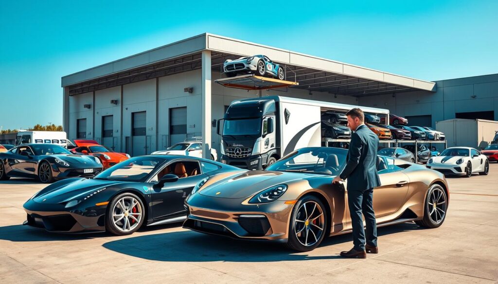 A luxurious car shipping scene set at a sleek transport terminal, showcasing an array of high-end vehicles including sports cars and vintage classics, pristine and gleaming under natural daylight. In the foreground, a professional logistics manager in smart attire inspects a luxury vehicle, ensuring its condition. In the middle ground, a large transport truck with multiple car racks is parked, ready for loading, surrounded by protective tarps and shipping equipment. In the background, spacious loading docks and a clear blue sky enhance the feeling of efficiency and professionalism. The atmosphere is one of precision and sophistication, evoking trust in the luxury car shipping process. Shot from a low angle to emphasize the grandeur of the cars and the scale of the operation, with soft shadows adding depth.