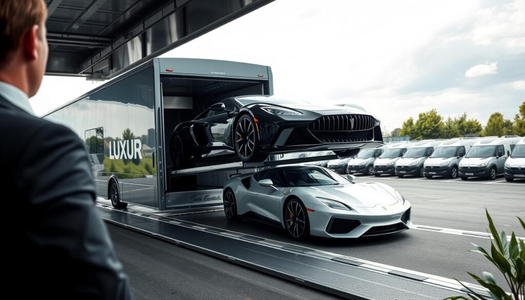 A luxurious car, such as a high-end sports model, is being carefully loaded onto an elegant transport vehicle in a well-lit, professional shipping yard. The foreground features a sophisticated shipping personnel in business attire overseeing the process, ensuring everything is handled with utmost care. In the middle ground, the transport vehicle shines under soft diffused daylight, highlighting its premium build and sleek design. The background showcases an organized fleet of luxury carriers with polished exteriors and branding, surrounded by lush greenery that adds a serene atmosphere. The overall mood is one of trust and professionalism, as meticulous attention to detail conveys the unique needs of luxury vehicle owners seeking safe and secure transport.