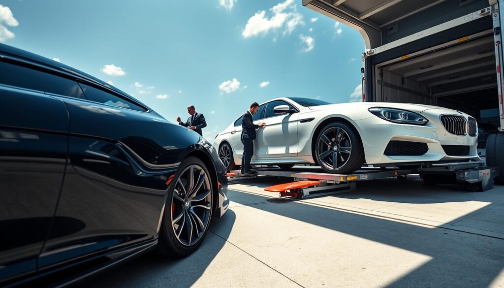 A luxury car transport scene featuring multiple high-end vehicles being loaded onto a specialized car carrier. In the foreground, show a sleek black sports car and a pristine white luxury sedan, both polished to a mirror finish. The middle ground includes workers in professional business attire carefully securing the cars onto the carrier with ropes and wheel chocks, demonstrating attention to detail and safety. The background depicts a modern shipping depot with high-tech equipment and a blue sky, signifying a smooth logistics process. Illuminate the scene with bright, natural sunlight to enhance the colors of the cars and create a welcoming atmosphere. Capture the angle from slightly below to emphasize the grandeur of the vehicles and the professionalism of the operation, evoking trust and luxury.