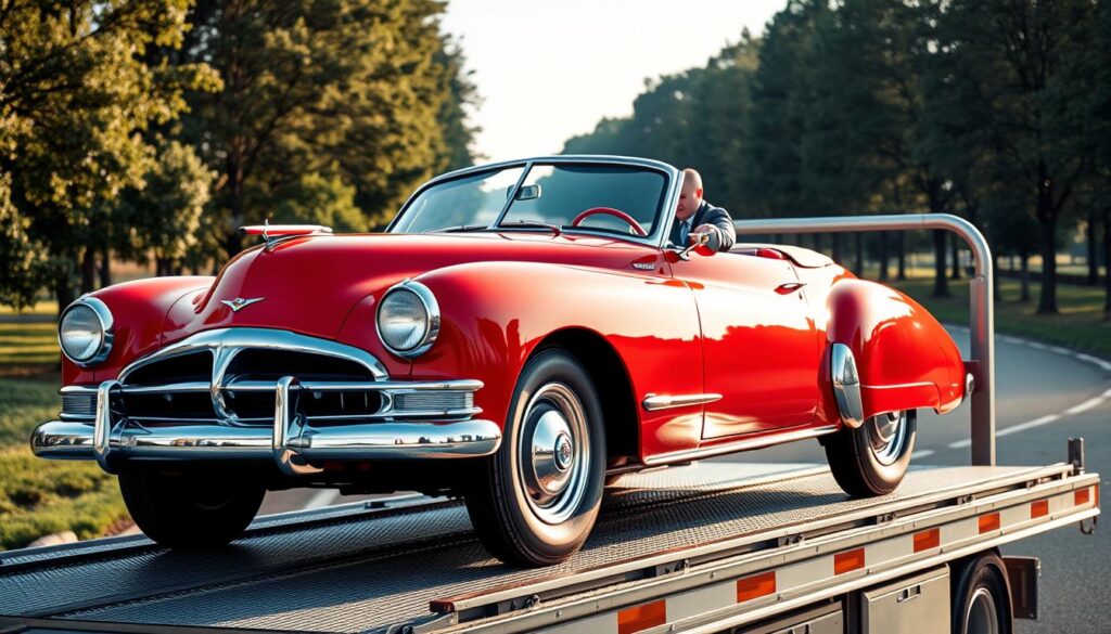 A meticulously restored classic car, gleaming under soft, natural daylight, sits on a flatbed truck designed for luxury vehicle transport. The car, in vibrant red with chrome detailing, displays its polished curves and vintage charm prominently in the foreground. In the middle ground, a professional driver in a crisp business attire carefully secures the vehicle, showcasing the importance of safe handling. The background features a scenic road lined with trees, symbolizing the journey ahead. The composition is shot from a slightly elevated angle, allowing the observer to appreciate the car's details and transport setup. The mood is one of professionalism and care, emphasizing the value of expert classic car shipping.