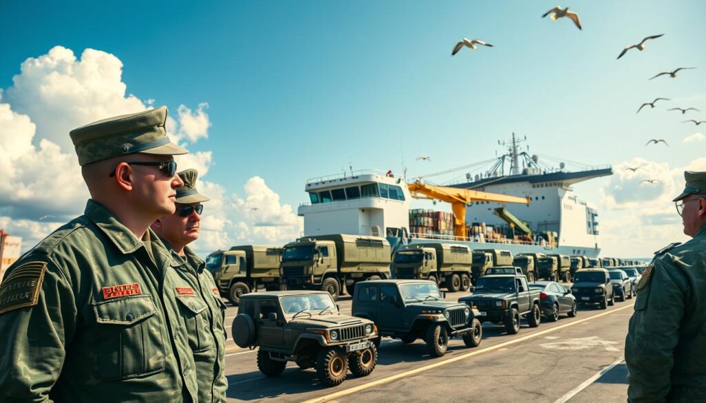 A military car shipping scene featuring a convoy of robust military vehicles being loaded onto a large transport ship at a bustling port. In the foreground, a couple of service members, dressed in formal military attire, oversee the loading process, displaying focused expressions. In the middle, the towering transport ship is being prepared with heavy-duty cranes lifting vehicles, while various military cars and trucks are lined up, ready for shipment. The background showcases a clear blue sky with fluffy clouds and seagulls flying, enhancing the sense of teamwork and dedication. The lighting is bright and natural, suggesting a sunny day, highlighting the importance of logistics for military families. The image exudes a mood of professionalism and reliability, perfectly encapsulating the essence of military car shipping.