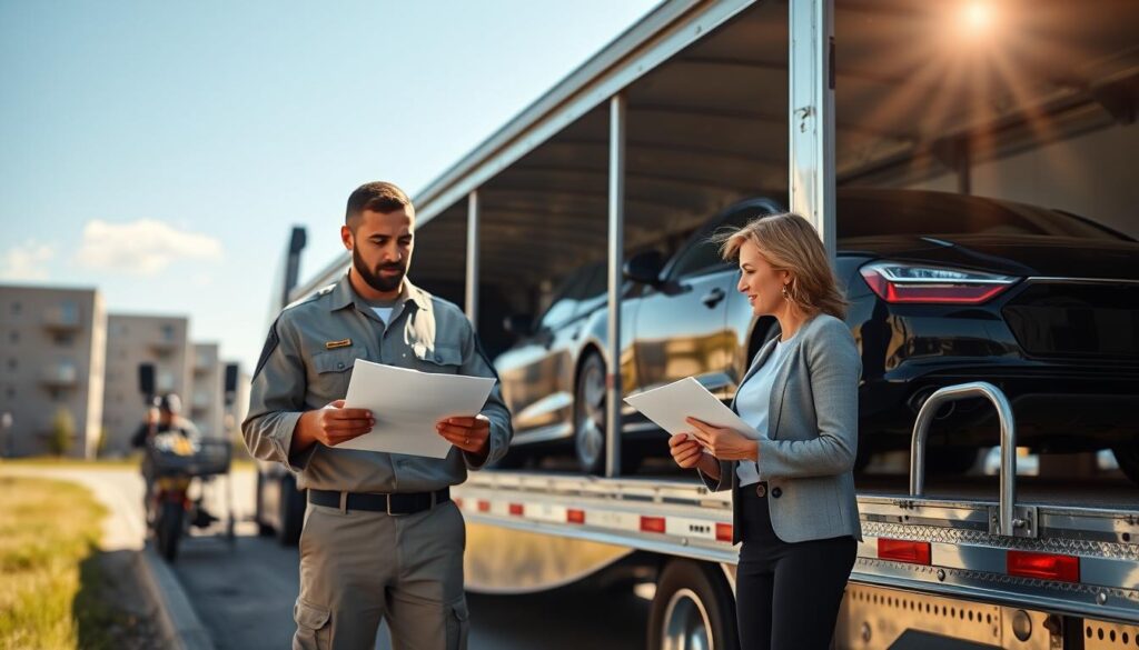 A military family standing beside a vehicle transport truck on a sunny day, with a few cars securely loaded in the background. The foreground features a father in military uniform and a mother in professional attire, discussing paperwork while preparing for their military move. The vehicle transport truck is detailed with visible tie-down straps securing the cars in place, showcasing reliability. Sunlight highlights the chrome and metallic elements of the truck, creating a warm and inviting atmosphere. The background shows a clear sky with a hint of military barracks to signify the PCS orders. The scene captures a sense of organization and professionalism, reflecting the importance of vehicle shipping during a military transition.