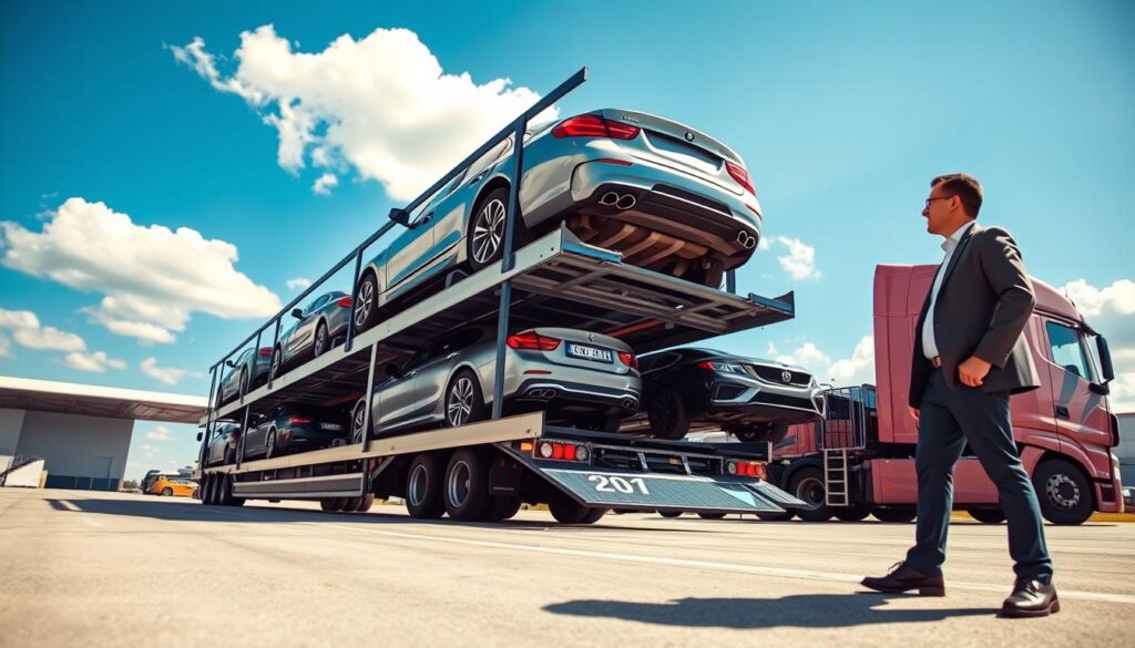 A modern auto transport scene showcasing a car carrier truck loaded with various vehicles on a sunny day. In the foreground, highlight the sleek design of a transport truck with several cars secured on its multi-level platform. In the middle ground, a remote worker, dressed in professional business attire, stands beside the truck, inspecting the vehicle being loaded, conveying a sense of professionalism and care. In the background, a clear blue sky with a few fluffy clouds enhances the atmosphere of a busy logistics hub. The lighting is bright and natural, creating an optimistic mood, while the camera angle is slightly low, emphasizing the scale of the truck and the importance of car shipping for remote workers relocating.