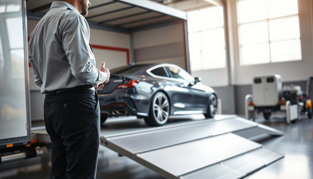 A modern auto transport service loading a sleek, elegant car onto a transport truck in a well-lit, organized garage. In the foreground, a professional driver dressed in a crisp uniform checks the vehicle's condition, showcasing attention to detail and commitment to care. The middle layer features the ramp of the truck, with the shiny car partially loaded, reflecting the ambient light. In the background, large windows allow natural light to flood the space, enhancing the professionalism of the scene. The atmosphere is calm and focused, conveying reliability and trust in the auto transport process. The angle is slightly elevated, providing a comprehensive view that highlights the professionalism and efficiency of the service.
