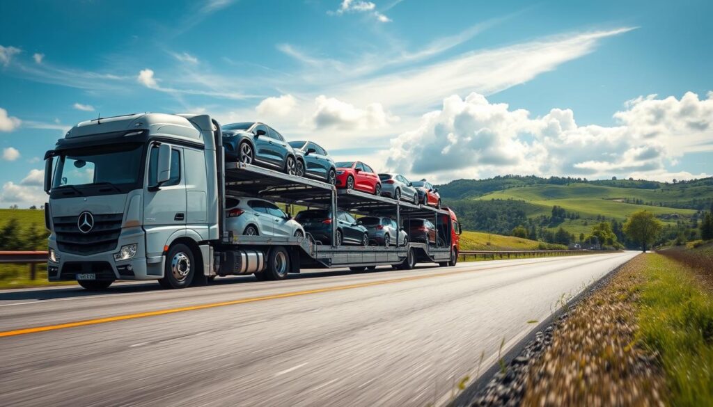 A modern auto transport truck loaded with a variety of cars, including compact vehicles and SUVs, traveling along a scenic highway. In the foreground, the truck is prominently displayed, showcasing its sleek design and sturdy trailer. In the middle ground, a lush landscape of rolling hills and green trees adds depth, while a vibrant blue sky with soft white clouds creates a bright, inviting atmosphere. The sunlight casts gentle shadows, enhancing the vehicle's details and giving the scene a warm feel. The angle captures the truck from a slightly low viewpoint, emphasizing its robustness and the freedom of travel. The overall mood is one of reliability and adventure, perfect for conveying the concept of car shipping for seasonal travelers.