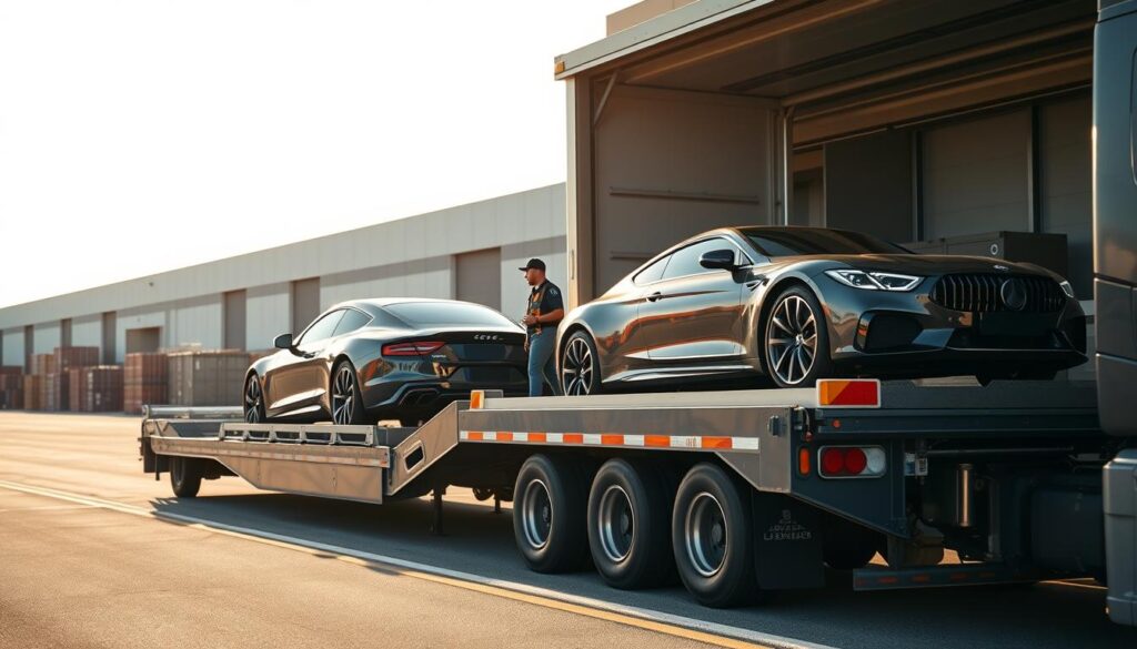 A modern auto transport truck loaded with sleek cars, parked at a sunny logistics yard. In the foreground, showcase two shiny vehicles on the trailer, with details like polished chrome and vibrant colors. The middle layer features the transport truck with its professional driver, wearing a standard uniform, carefully overseeing the loading process. In the background, expansive warehouse buildings and cargo containers suggest an organized shipping environment. The scene is bathed in warm, natural light, creating a sense of reliability and professionalism. Use a wide-angle lens to capture the entire setup, emphasizing the scale of the operation and instilling confidence in the viewer about choosing professional auto transport services.