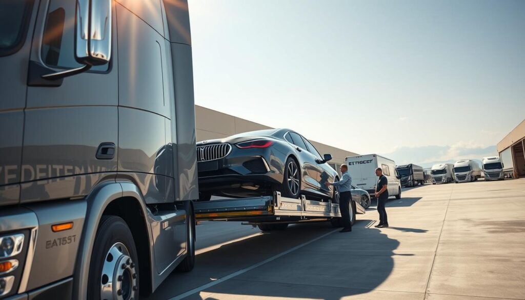 A modern auto transport truck, sleek and streamlined, unloading a luxury sedan at a warehouse. In the foreground, the truck's shiny chrome details reflect sunlight, emphasizing its professional design. The middle ground showcases workers in professional attire, carefully inspecting the vehicle and coordinating logistics, conveying a sense of urgency and efficiency. The background features an expansive loading area with several other transport vehicles and clear skies, suggesting a bustling transport hub. The lighting is bright, indicating midday, casting soft shadows to enhance depth. The atmosphere is dynamic and energetic, illustrating the fast-paced nature of expedited auto transport while maintaining a polished, professional aesthetic. A modern auto transport truck, sleek and streamlined, unloading a luxury sedan at a warehouse. In the foreground, the truck's shiny chrome details reflect sunlight, emphasizing its professional design. The middle ground showcases workers in professional attire, carefully inspecting the vehicle and coordinating logistics, conveying a sense of urgency and efficiency. The background features an expansive loading area with several other transport vehicles and clear skies, suggesting a bustling transport hub. The lighting is bright, indicating midday, casting soft shadows to enhance depth. The atmosphere is dynamic and energetic, illustrating the fast-paced nature of expedited auto transport while maintaining a polished, professional aesthetic.