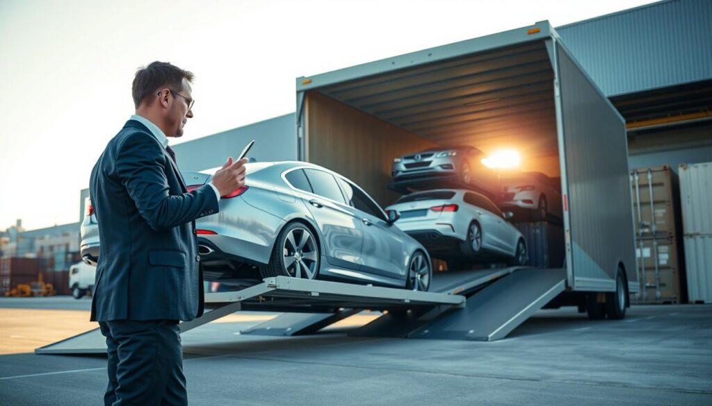 A modern car shipping scene unfolds, showcasing a sleek sedan being loaded onto a transport truck in a secure logistics yard. In the foreground, a well-dressed logistics manager inspects the vehicle meticulously, dressed in a smart business suit, emphasizing professionalism in the car shipping industry. The middle ground features the large, open transport truck with ramps, gleaming in the sunlight with a few other vehicles stacked securely behind it. In the background, industrial buildings and shipping containers create a backdrop, bathed in soft afternoon light, casting gentle shadows. The scene conveys a sense of order and efficiency, highlighting the process of shipping vehicles without the need to drive them. The angle is slightly low to capture the truck's imposing height and the careful attention of the manager, with a clear blue sky overhead enhancing the atmosphere of a productive day in transport logistics.
