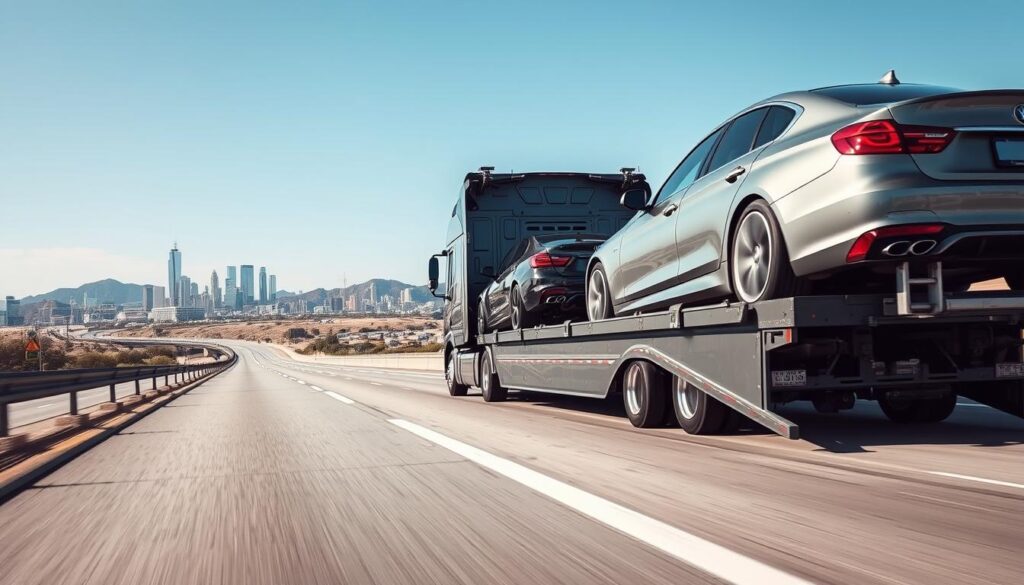 A modern car transport rig on a busy highway, showcasing the auto transport process. In the foreground, a sleek, shiny car is being loaded onto a car hauler by a skilled technician wearing a safety vest and business attire. The middle ground features the transport truck, sturdy and well-designed, with several vehicles securely strapped down, highlighting efficiency in the transport process. The background displays a clear blue sky, a distant skyline of Dallas, and hills indicating the journey from Los Angeles. Soft, natural lighting bathes the scene, evoking a sense of professionalism and reliability in auto transport. The angle captures the motion as the truck travels, emphasizing speed and safety without any text or distractions.