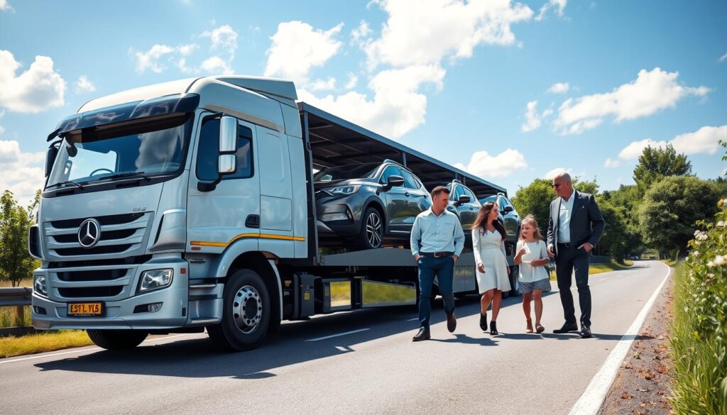A modern car transport truck is showcased in the foreground, parked on a well-maintained road, with several shiny vehicles loaded onto the truck bed, highlighting the efficiency of professional vehicle transport. In the middle ground, a family is depicted, with two parents and two children discussing logistics with a friendly transport agent, all dressed in smart casual attire. In the background, a clear blue sky creates a sense of optimism, adorned with soft white clouds, while lush greenery lines the roadside, contributing to a welcoming atmosphere. The lighting is bright and cheerful, indicating a sunny day, shot from a slightly elevated angle to capture the entire scene. The overall mood is one of confidence and reliability, emphasizing the convenience families find in professional vehicle transport services.