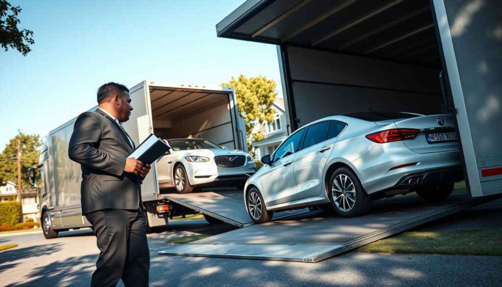 A modern car transport truck parked at a suburban home, showcasing two vehicles being loaded and unloaded from a sturdy lift gate. In the foreground, a professional driver in business attire supervises the process, holding a clipboard. The middle ground features the gleaming cars, one being driven onto the truck while the other stands ready for delivery. In the background, a peaceful neighborhood with tree-lined streets and well-maintained houses under a clear blue sky. Soft, natural lighting enhances the scene, with shadows cast from the truck and surrounding greenery. The angle focuses on the transport truck and the interaction between the driver and the vehicles, conveying a sense of efficiency and professionalism in car shipping. The overall mood is calm and organized, reflecting the dependable service of door-to-door car transport. A modern car transport truck parked at a suburban home, showcasing two vehicles being loaded and unloaded from a sturdy lift gate. In the foreground, a professional driver in business attire supervises the process, holding a clipboard. The middle ground features the gleaming cars, one being driven onto the truck while the other stands ready for delivery. In the background, a peaceful neighborhood with tree-lined streets and well-maintained houses under a clear blue sky. Soft, natural lighting enhances the scene, with shadows cast from the truck and surrounding greenery. The angle focuses on the transport truck and the interaction between the driver and the vehicles, conveying a sense of efficiency and professionalism in car shipping. The overall mood is calm and organized, reflecting the dependable service of door-to-door car transport.