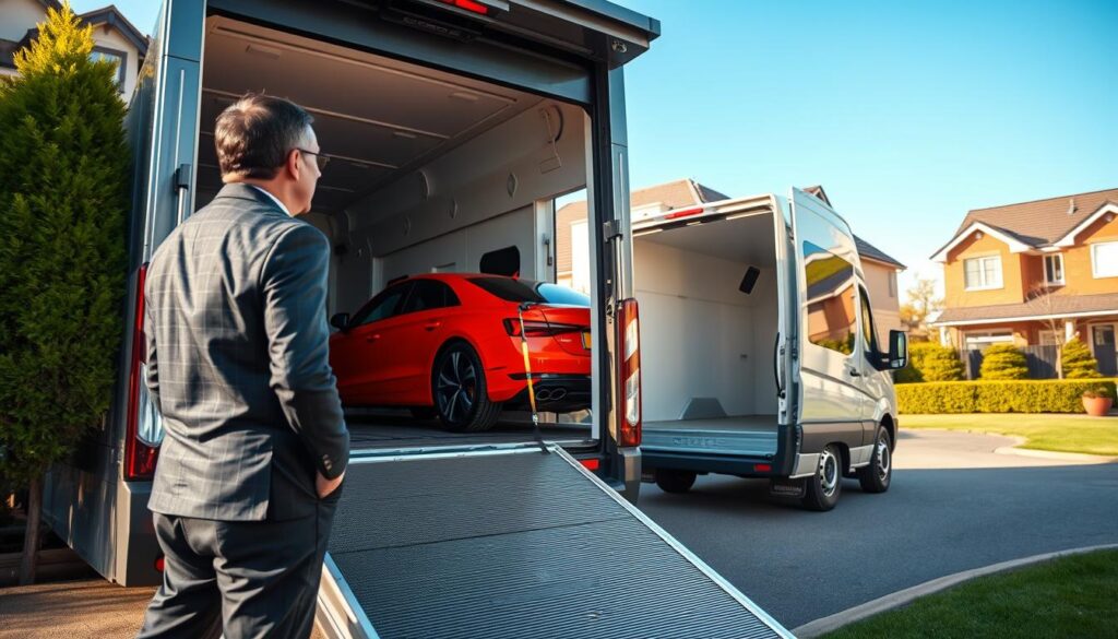 A modern car transport vehicle parked in front of a residential home, with the rear door open, revealing a sleek car being carefully loaded. In the foreground, a professional dressed in business attire supervises the loading process, ensuring everything is secure. The middle layer features the brightly colored car and the clean, well-maintained transport vehicle, showcasing their sleek lines and shiny surfaces. The background shows a suburban neighborhood with green lawns and neatly trimmed hedges, bathed in warm, natural sunlight. The scene captures a sense of efficiency and professionalism, emphasizing the concept of door-to-door service in vehicle shipping. The composition is shot from a slightly elevated angle to create depth, with a clear blue sky above to enhance the positive, reliable atmosphere. A modern car transport vehicle parked in front of a residential home, with the rear door open, revealing a sleek car being carefully loaded. In the foreground, a professional dressed in business attire supervises the loading process, ensuring everything is secure. The middle layer features the brightly colored car and the clean, well-maintained transport vehicle, showcasing their sleek lines and shiny surfaces. The background shows a suburban neighborhood with green lawns and neatly trimmed hedges, bathed in warm, natural sunlight. The scene captures a sense of efficiency and professionalism, emphasizing the concept of door-to-door service in vehicle shipping. The composition is shot from a slightly elevated angle to create depth, with a clear blue sky above to enhance the positive, reliable atmosphere.