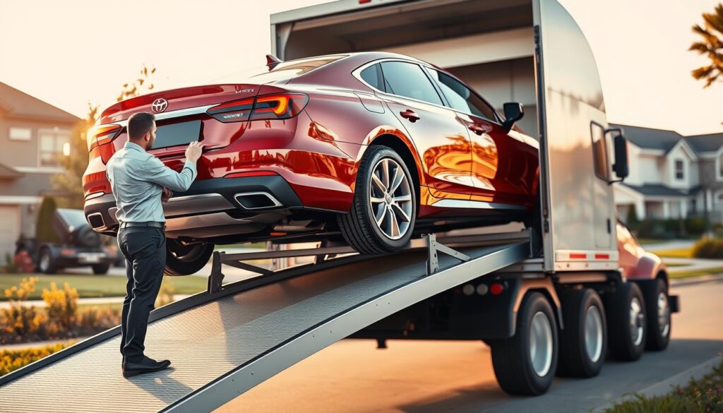 A modern door-to-door car transport scene showcasing a sleek, shiny vehicle being loaded onto a specialized auto transport truck. In the foreground, a professional transport worker in neat attire carefully secures the car, demonstrating attention to detail. The middle ground features the transport truck with its ramps in position, showcasing the vehicle's smooth lines and vibrant color. In the background, a suburban neighborhood is visible, with well-maintained homes and greenery. The scene is bathed in warm, soft afternoon light, creating an inviting and reassuring atmosphere. The angle should be slightly elevated, providing a comprehensive view of the transport process while highlighting the professionalism and care involved in door-to-door car shipping. A modern door-to-door car transport scene showcasing a sleek, shiny vehicle being loaded onto a specialized auto transport truck. In the foreground, a professional transport worker in neat attire carefully secures the car, demonstrating attention to detail. The middle ground features the transport truck with its ramps in position, showcasing the vehicle's smooth lines and vibrant color. In the background, a suburban neighborhood is visible, with well-maintained homes and greenery. The scene is bathed in warm, soft afternoon light, creating an inviting and reassuring atmosphere. The angle should be slightly elevated, providing a comprehensive view of the transport process while highlighting the professionalism and care involved in door-to-door car shipping.