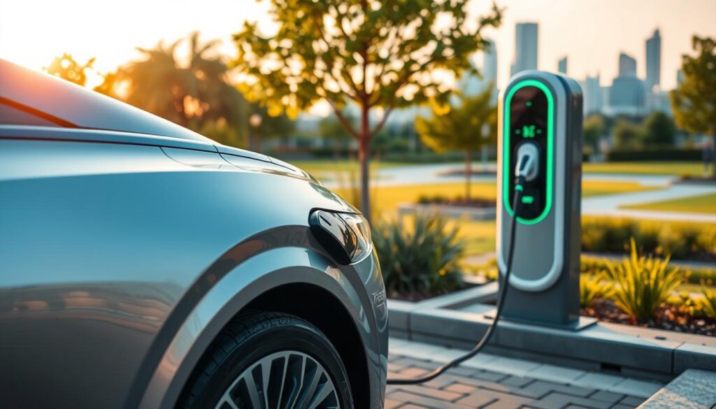 A modern electric vehicle charging at a sleek, eco-friendly charging station, situated in an urban setting with green spaces in the background. The foreground features the electric vehicle prominently, showcasing its smooth lines and futuristic design with polished metallic accents and vibrant colors. A soft golden hour lighting casts a warm glow, emphasizing the vehicle’s contours and the surrounding greenery. In the middle ground, a few trees and shrubs add to the eco-friendly atmosphere, while the distant city skyline provides context. The angle captures the vehicle from a low perspective, enhancing its presence and importance in the image. The overall mood is one of innovation and sustainability, perfect for illustrating the importance of electric vehicles in modern transportation.