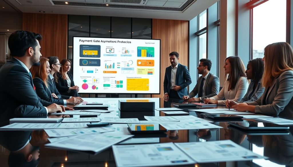 A modern office setting featuring a diverse group of professionals dressed in business attire, engaged in a meeting about payment gate protocols. In the foreground, a sleek conference table is cluttered with digital devices and documents displaying complex flowcharts and diagrams of payment systems. The middle ground includes a large interactive screen showcasing a detailed presentation of payment gateways, with colorful graphs illustrating transaction flows. In the background, tall windows provide natural light, creating a bright and productive atmosphere. The mood is focused and collaborative, with subtle reflections on the polished surface of the table, indicating a dynamic discussion. Use a warm color palette, with soft overhead lighting providing an inviting ambiance. The angle should be a medium shot, allowing a clear view of the interaction between participants.