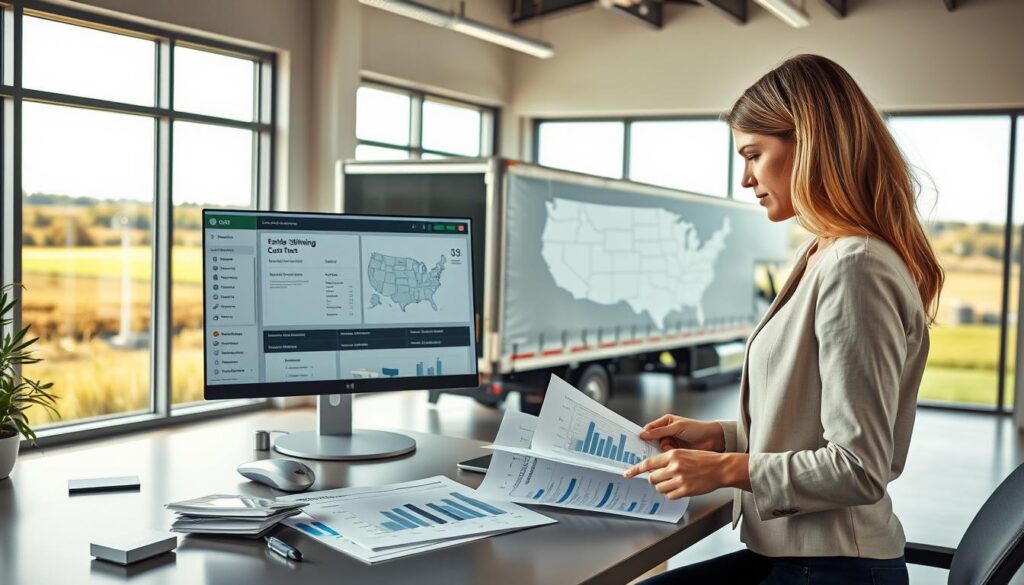 A modern office setting illustrating the logistics of shipping a pickup truck to another state. In the foreground, a professional woman in smart casual attire analyzes documents and charts on a sleek desk, depicting shipping costs and transportation options. The middle layer shows a computer screen with a detailed shipping quote and a map indicating various states across the U.S. The transporter truck is visible through a large window in the background, parked outside with the vibrant countryside as a backdrop. Soft, natural lighting filters through, creating a warm and inviting atmosphere. The composition should convey a sense of understanding and professionalism in logistics, capturing the essence of shipping costs effectively. A modern office setting illustrating the logistics of shipping a pickup truck to another state. In the foreground, a professional woman in smart casual attire analyzes documents and charts on a sleek desk, depicting shipping costs and transportation options. The middle layer shows a computer screen with a detailed shipping quote and a map indicating various states across the U.S. The transporter truck is visible through a large window in the background, parked outside with the vibrant countryside as a backdrop. Soft, natural lighting filters through, creating a warm and inviting atmosphere. The composition should convey a sense of understanding and professionalism in logistics, capturing the essence of shipping costs effectively.