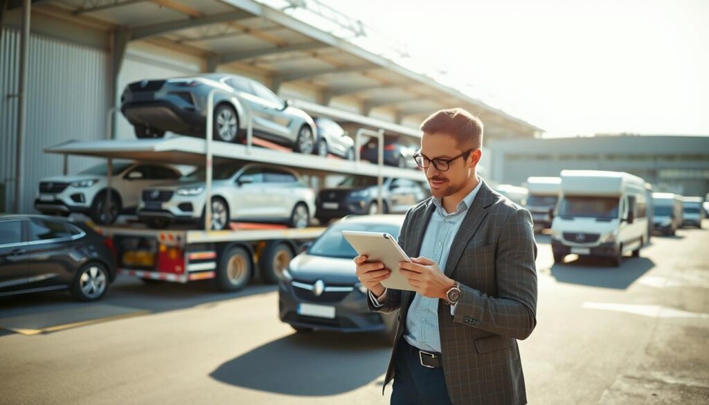 A modern vehicle transport scene showcasing diverse car shipping methods. In the foreground, a professional in smart casual attire analyzes options on a digital tablet, surrounded by various vehicles like sedans, SUVs, and trucks ready for transport. The middle ground features an impressive car carrier truck, loaded with cars secured for shipping, alongside a compact delivery van. In the background, a bustling transport yard is illuminated by soft, natural daylight, highlighting efficient logistics with additional vehicles in transit. Capture a sense of organization and professionalism, focusing on the various methods of vehicle transportation. Use a wide-angle lens to create depth and ensure a clear, vibrant atmosphere while maintaining a clear focus on the subject matter.