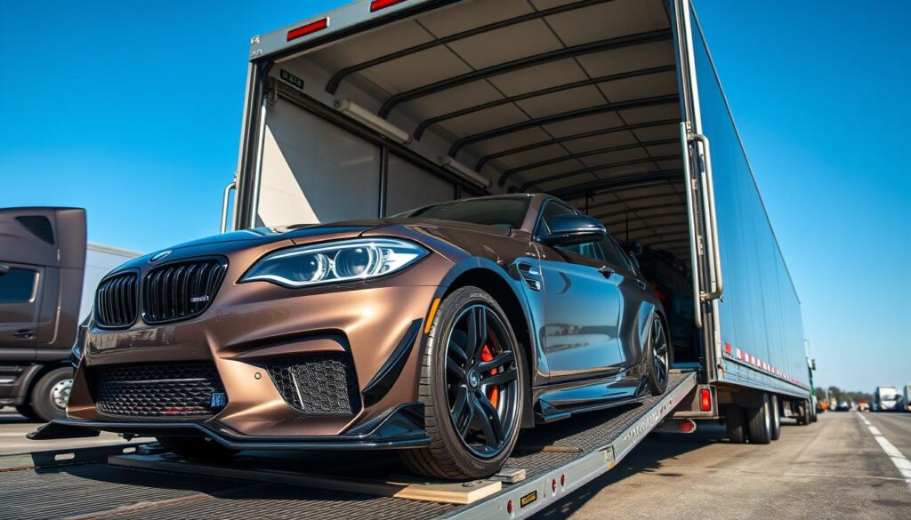 A modified vehicle being carefully loaded onto a specialized car transport truck. In the foreground, the modified car showcases its unique features, including an upgraded body kit, distinctive paint job, and custom wheels. The middle ground displays the car transport truck, designed for secure vehicle shipping, with adjustable ramps and safety straps. In the background, a transportation yard features other vehicles waiting for shipment, under clear blue skies. The lighting is bright and natural, emphasizing the details of the modified car and the truck. The atmosphere is organized and professional, reflecting the efficiency of car shipping for modified cars. The angle is slightly low, capturing both the modified car and the transport truck in a dramatic perspective.