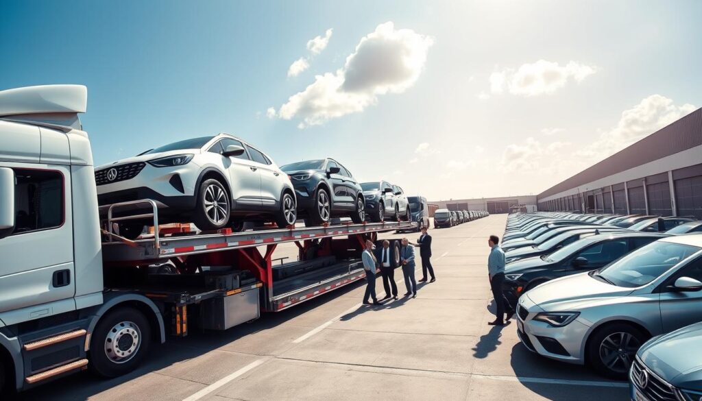 A panoramic view of a bustling car shipping terminal, prominently featuring a large truck with multiple cars securely loaded onto a car carrier trailer in the foreground. In the middle ground, several workers in professional business attire are coordinating the loading process, checking vehicle details, and discussing logistics. The background showcases a clear blue sky with a few fluffy clouds, and rows of additional parked cars ready for shipment. The setting should be well-lit with natural sunlight, casting soft shadows that enhance the details of the vehicles. The atmosphere conveys a sense of efficiency and professionalism in the car shipping industry, ideal for a business-oriented article.