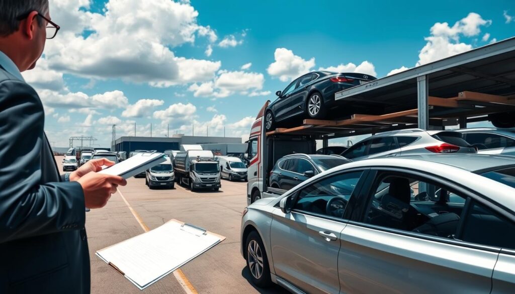 A panoramic view of a busy car shipping yard during the day, showcasing rows of vehicles on large transport trucks. In the foreground, a professional logistics manager in business attire observes the loading process, checking paperwork on a clipboard. In the middle ground, several transport trucks can be seen, some fully loaded with cars, while others await pickups. The background features a clear blue sky with fluffy white clouds and a distant industrial facility, symbolizing operations. The lighting is bright and natural, casting soft shadows. The mood is industrious yet organized, capturing the essence of a streamlined car shipping service vital for those relocating between states.