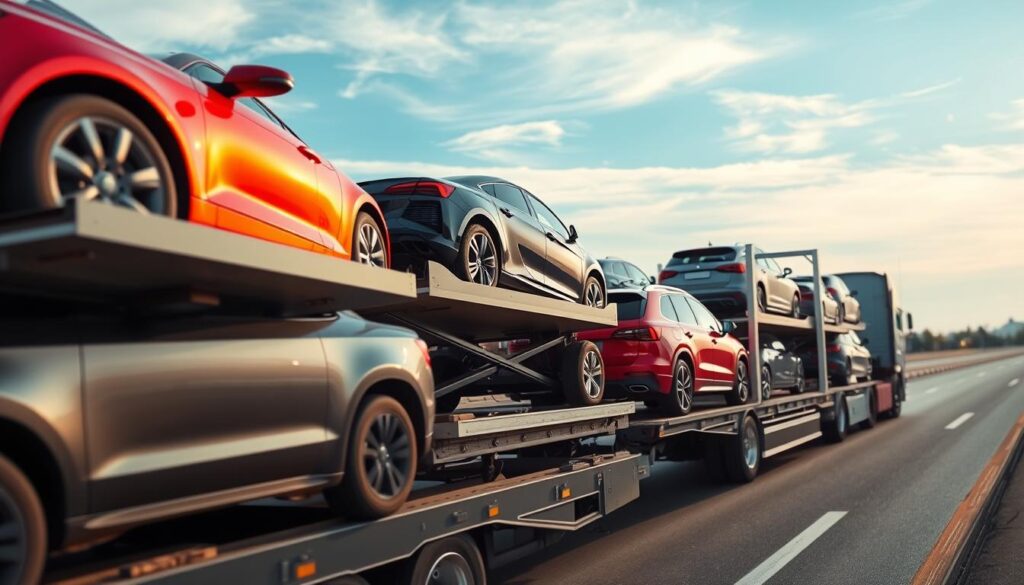 A panoramic view of a car transport truck displaying several new vehicles securely loaded in an open transport setting. In the foreground, detailed shots of shiny, multi-colored cars, including sedans and SUVs, showcasing their paint finishes and modern designs. The middle ground features the transport truck on a highway, emphasizing the stability and safety of the open transport method. The background reveals a clear blue sky with soft, diffused sunlight, highlighting the vehicles without harsh shadows. The scene conveys a feeling of trust and reassurance, with an atmosphere that suggests safety and reliability in vehicle transportation. Focus on capturing the essence of open transport logistics for new cars in a professional manner.