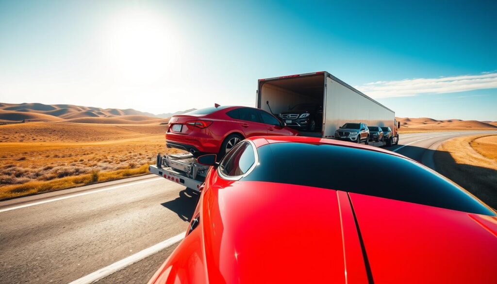 A panoramic view of an open transport car shipping truck on a wide, sunlit highway in the midst of the American landscape. In the foreground, a bright red car is securely fastened on the open trailer, showcasing its sleek design. The middle ground features the transport truck, with a robust and polished build, loaded with various cars of different colors and models. In the background, rolling hills and a clear blue sky complete the serene yet industrious atmosphere. The scene is bathed in warm daylight, capturing the essence of a reliable, affordable car shipping service across the USA. The angle is slightly tilted upward to emphasize the grand scale of the transport truck against the expansive highway. The image exudes a sense of efficiency and trustworthiness.