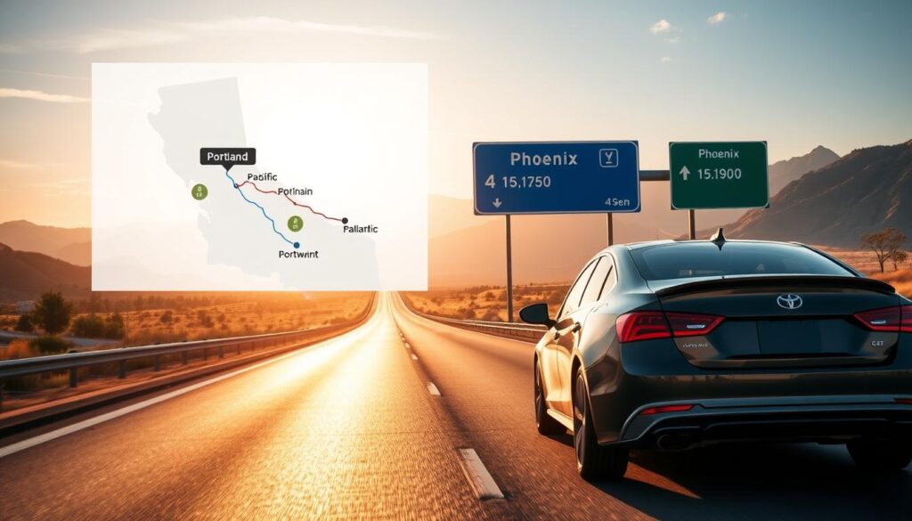 A picturesque scene capturing average transit times for shipping a car between Portland and Phoenix. In the foreground, a well-maintained car on an open highway, symbolizing the journey. In the middle ground, a map highlighting the route from Portland to Phoenix, with road signs indicating major checkpoints and distances. The background features a blend of scenic Pacific Northwest landscapes transitioning into the arid Arizona desert, illustrating the contrast between the two locations. The lighting is warm and inviting, suggesting early morning or late afternoon, with a golden hour glow. Aerial view perspective, focusing on the road and car, with a soft focus on the distant scenery, conveys a calm and informative mood. The overall aesthetic is clean and professional, free of any text or logos.