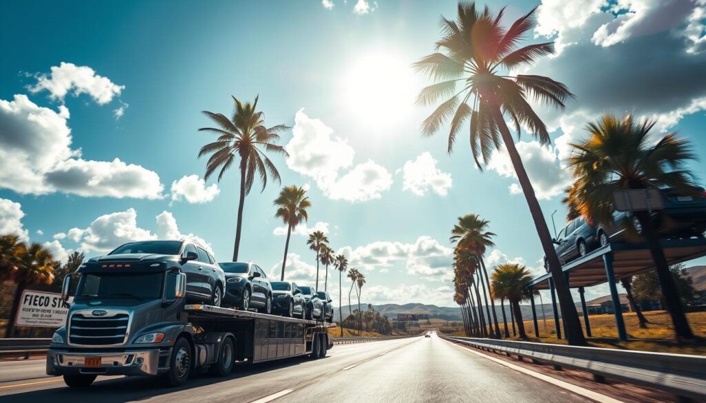 A picturesque scene depicting the snowbird migration, focusing on a car transport truck loaded with vehicles traveling along a sunlit highway towards Florida. In the foreground, the sleek car carrier represents efficiency and care, with a variety of cars neatly arranged for transport. The middle ground showcases palm trees swaying gently, complementing a blue sky filled with fluffy white clouds. In the background, distant rolling hills hint at a warmer climate. The lighting is bright and inviting, casting soft shadows that enhance the details of the vehicles. The overall atmosphere conveys a sense of freedom and adventure, embodying the transition from a cold northern winter to a warm southeastern retreat. Capture this scene from a dynamic angle to emphasize the journey ahead.