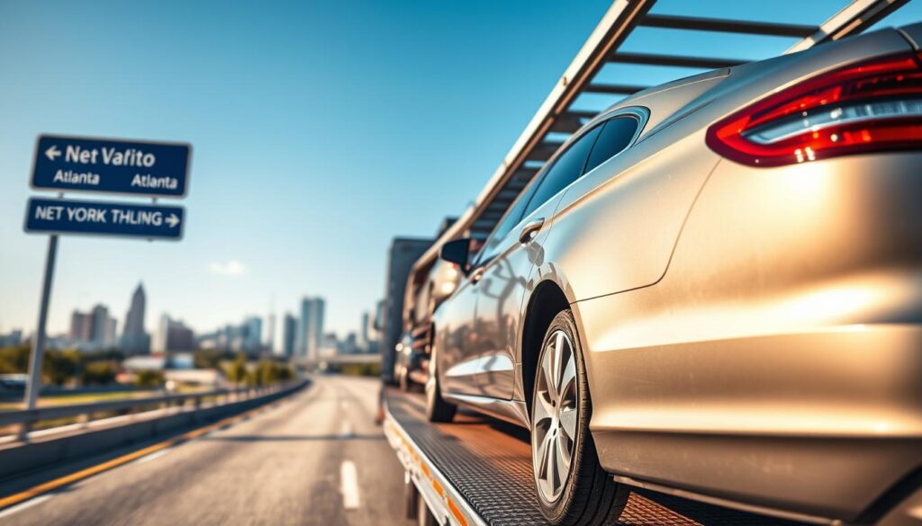 A picturesque scene of a car transport truck loaded with multiple vehicles, set against a clear blue sky. In the foreground, a close-up view of a sleek, modern car being carefully secured on the transport vehicle's ramp, showcasing intricate details like shiny paint and chrome accents. In the middle ground, the truck is parked on a busy highway, with a sign indicating directions to New York and Atlanta subtly visible, emphasizing the shipping journey. The background features a city skyline representing Atlanta, gradually blending into a more urban feel, hinting at New York with skyscrapers and busy streets. Soft, natural sunlight illuminates the scene, creating a professional and optimistic atmosphere. The angle is slightly elevated to capture the full transport truck and the vibrant surroundings without any distractions or text.