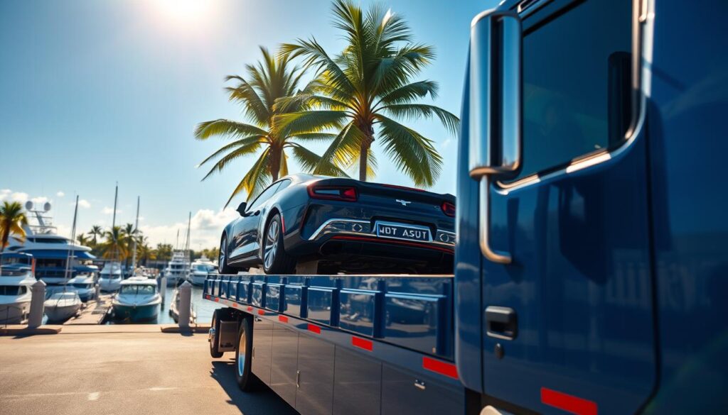 A poised auto transport truck loaded with a shiny sedan, parked at a sunny Fort Lauderdale marina. The foreground features the truck's vibrant, glossy paint, reflecting the blue sky and the shimmering water. In the middle ground, palm trees sway gently in the soft breeze, creating a relaxing atmosphere. The background shows a picturesque view of the marina with yachts and boats moored, enhancing the coastal vibe. The sunlight casts a warm glow over the scene, emphasizing the vibrant colors. The angle is slightly lower, allowing the viewer to appreciate both the truck and the scenic backdrop. The overall mood conveys professionalism and reliability, perfect for showcasing a confident auto transport service from Fort Lauderdale to Atlanta.