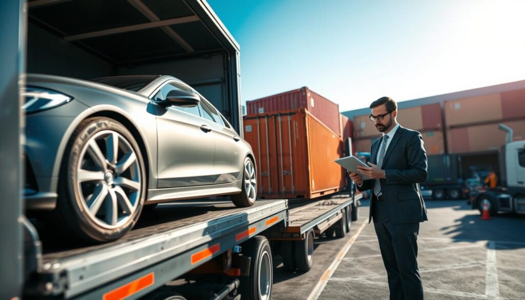 A professional and informative scene illustrating the concept of shipping a car 1,000 miles. In the foreground, a detailed view of a sleek, modern car on a shipping truck, showcasing its secure placement. The middle ground features a logistics expert in smart business attire, analyzing shipping rates on a tablet, with a contemplative expression. In the background, a bustling transport yard with various vehicles and shipping containers under a bright blue sky, providing a sense of scale and industry context. The lighting is natural, bright and inviting, capturing the seriousness of the topic while maintaining an optimistic atmosphere. The angle is slightly elevated, showcasing both the car and the expert effectively.