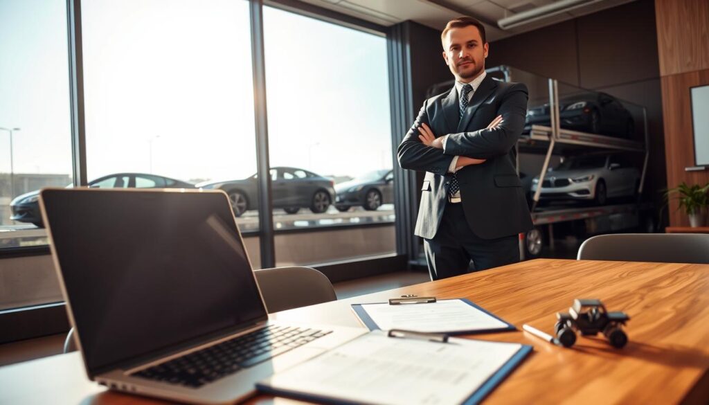 A professional auto transport broker's office, with a focus on a neatly organized desk in the foreground containing a laptop, a clipboard with shipping documents, and a car model. The middle ground features a confident broker in a tailored suit, standing with arms crossed and looking at the camera, exuding expertise and professionalism. In the background, large windows display a sunny day with a view of parked cars on a transport truck outside. The lighting is bright and warm, creating a welcoming atmosphere. A slight depth of field effect emphasizes the broker while keeping the surroundings softly blurred, conveying a sense of focus within the hustle of the auto transport industry.