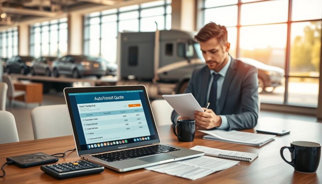 A professional auto transport quote scene, featuring a spacious office environment with a large desk. In the foreground, a meticulously designed laptop screen displays an auto transport quote for shipping a car from Houston to Atlanta, surrounded by a calculator, paperwork, and a coffee mug. In the middle ground, a focused business professional in smart casual attire analyzes the quote while jotting down notes on a notepad. The background reveals a large window with a view of cars being loaded onto a transport truck outside, bathed in warm daylight. The atmosphere is focused and industrious, reflecting the logistics of car shipping. The image captures the essence of professionalism and clarity, with a slight depth of field effect to enhance the subject.