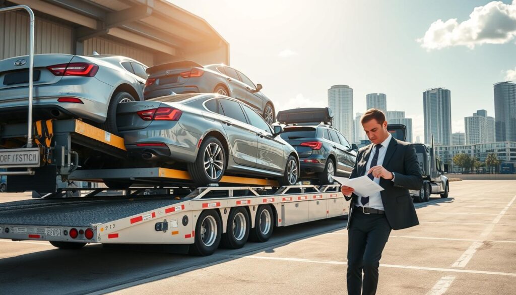 A professional auto transport scene centered on a large transport truck loaded with multiple vehicles, including a sedan and an SUV, parked within an industrial transport yard. In the foreground, focus on the transport truck with shiny metallic surfaces reflecting sunlight, showcasing well-defined details like straps and ramps securing the vehicles. In the middle ground, depict a logistics professional in smart business attire examining paperwork alongside the truck, adding a human element to the process. The background features a city skyline, hinting at Orlando's vibrant atmosphere. The lighting should be bright and natural, capturing an optimistic mood suggesting efficiency and reliability in auto transport services. The angle is slightly elevated, offering a comprehensive view of the whole setup.