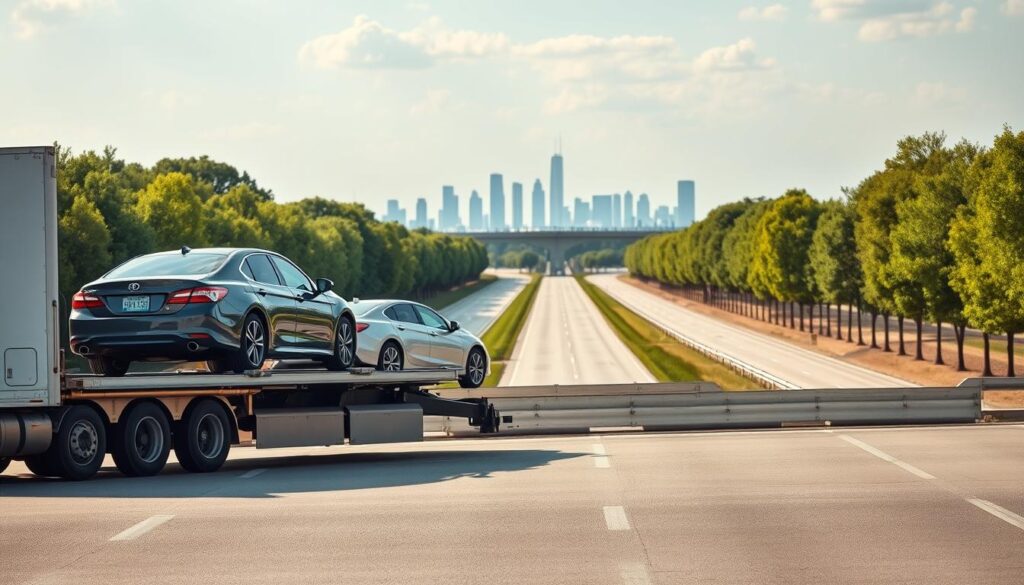 A professional auto transport scene depicting a modern car carrier truck in transit. In the foreground, the truck is loaded with a variety of vehicles securely strapped down, showcasing a sleek sedan and an SUV. The middle ground features a beautiful stretch of highway with green trees lining the sides under a clear, sunny sky, conveying a sense of safe travel. In the background, a distant city skyline represents the journey from Atlanta to Houston. Soft, natural lighting illuminates the scene, enhancing the colors of the vehicles and the landscape. The overall mood is efficient and trustworthy, emphasizing the reliability and professionalism of auto transport services. The composition should be shot from a slightly elevated angle, highlighting the truck's importance in the image without any text or watermarks. A professional auto transport scene depicting a modern car carrier truck in transit. In the foreground, the truck is loaded with a variety of vehicles securely strapped down, showcasing a sleek sedan and an SUV. The middle ground features a beautiful stretch of highway with green trees lining the sides under a clear, sunny sky, conveying a sense of safe travel. In the background, a distant city skyline represents the journey from Atlanta to Houston. Soft, natural lighting illuminates the scene, enhancing the colors of the vehicles and the landscape. The overall mood is efficient and trustworthy, emphasizing the reliability and professionalism of auto transport services. The composition should be shot from a slightly elevated angle, highlighting the truck's importance in the image without any text or watermarks.