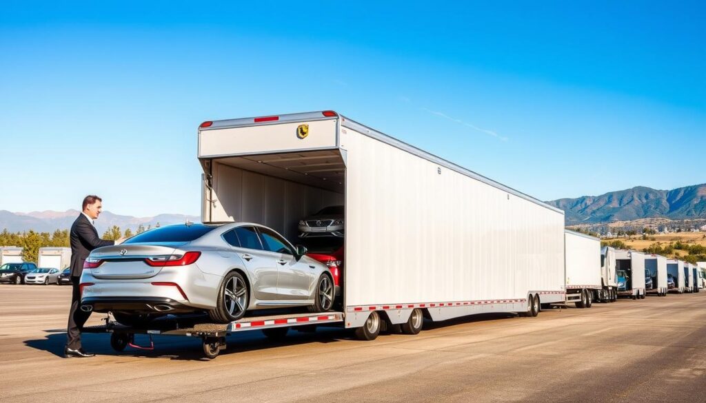 A professional auto transport scene depicting a modern car shipping yard. In the foreground, a sleek car is being loaded onto a large, enclosed transport trailer by a worker dressed in professional business attire, showcasing the care and precision involved in the process. The middle ground features multiple cars carefully organized and ready for transport, while several other trailers are parked in orderly rows. In the background, a clear blue sky complements the bustling activity, with distant mountains hinting at the Denver-Seattle route. The lighting is bright and natural, evoking a sense of trust and professionalism. The overall atmosphere conveys efficiency and reliability in car shipping services. A professional auto transport scene depicting a modern car shipping yard. In the foreground, a sleek car is being loaded onto a large, enclosed transport trailer by a worker dressed in professional business attire, showcasing the care and precision involved in the process. The middle ground features multiple cars carefully organized and ready for transport, while several other trailers are parked in orderly rows. In the background, a clear blue sky complements the bustling activity, with distant mountains hinting at the Denver-Seattle route. The lighting is bright and natural, evoking a sense of trust and professionalism. The overall atmosphere conveys efficiency and reliability in car shipping services.