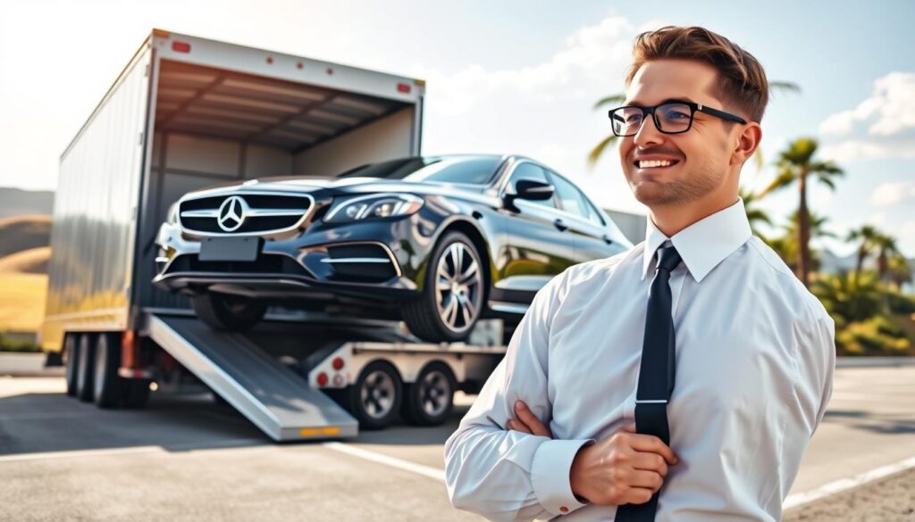 A professional auto transport scene depicting a shiny, well-maintained car being loaded onto a sleek car carrier truck, showcasing the journey from Pennsylvania to Florida. In the foreground, a well-groomed driver in smart business attire supervises the loading process, emphasizing professionalism. The middle ground features the car carrier truck against a backdrop of rolling hills representing Pennsylvania, transitioning into palm trees and sunshine symbolizing Florida in the background. The lighting is bright and cheerful, suggesting a clear day, with soft shadows adding depth. The mood is one of reliability and trust, highlighting the efficiency and safety of professional auto transport. The image captures the essence of seamless car shipping, evoking a sense of ease and professionalism.