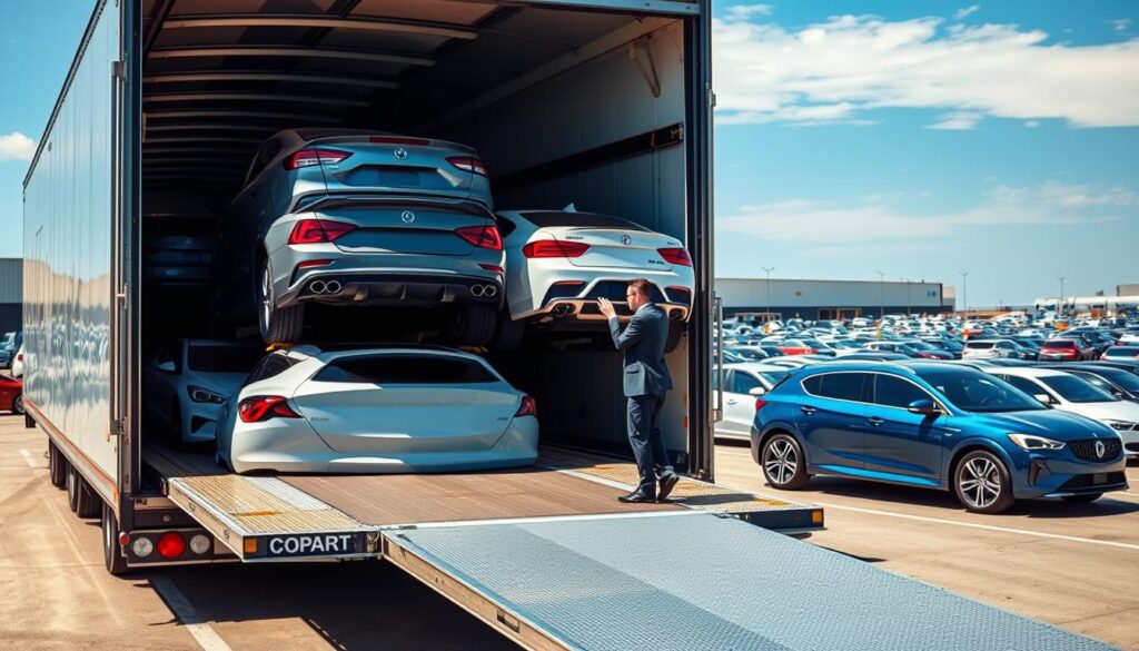 A professional auto transport scene featuring a Copart vehicle carrier truck loading a car in a well-lit, outdoor setting. In the foreground, showcase a neatly arranged, modern transport trailer filled with several cars, reflecting varying colors and styles, symbolizing the diverse inventory at Copart. In the middle ground, capture a transport operator in professional business attire coordinating the loading process, demonstrating care and attention. The background should portray a sunny day at a large auto auction yard, with rows of vehicles and a clear blue sky, conveying a sense of efficiency and professionalism. Use natural lighting to enhance the clarity and detail of the scene, while maintaining a balanced perspective that draws viewers into the bustling transport environment.